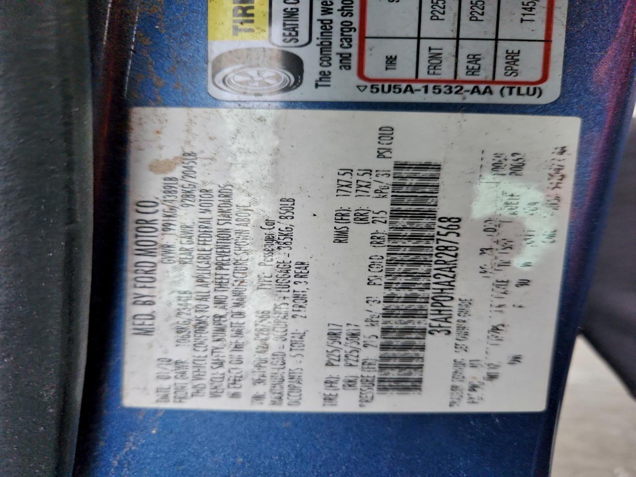 2010 Ford Fusion Se VIN: 3FAHP0HA2AR287568 Lot: 94381195