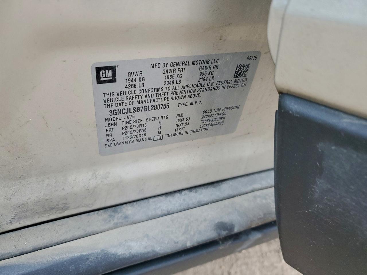 2016 Chevrolet Trax 1Lt VIN: 3GNCJLSB7GL280756 Lot: 96341295