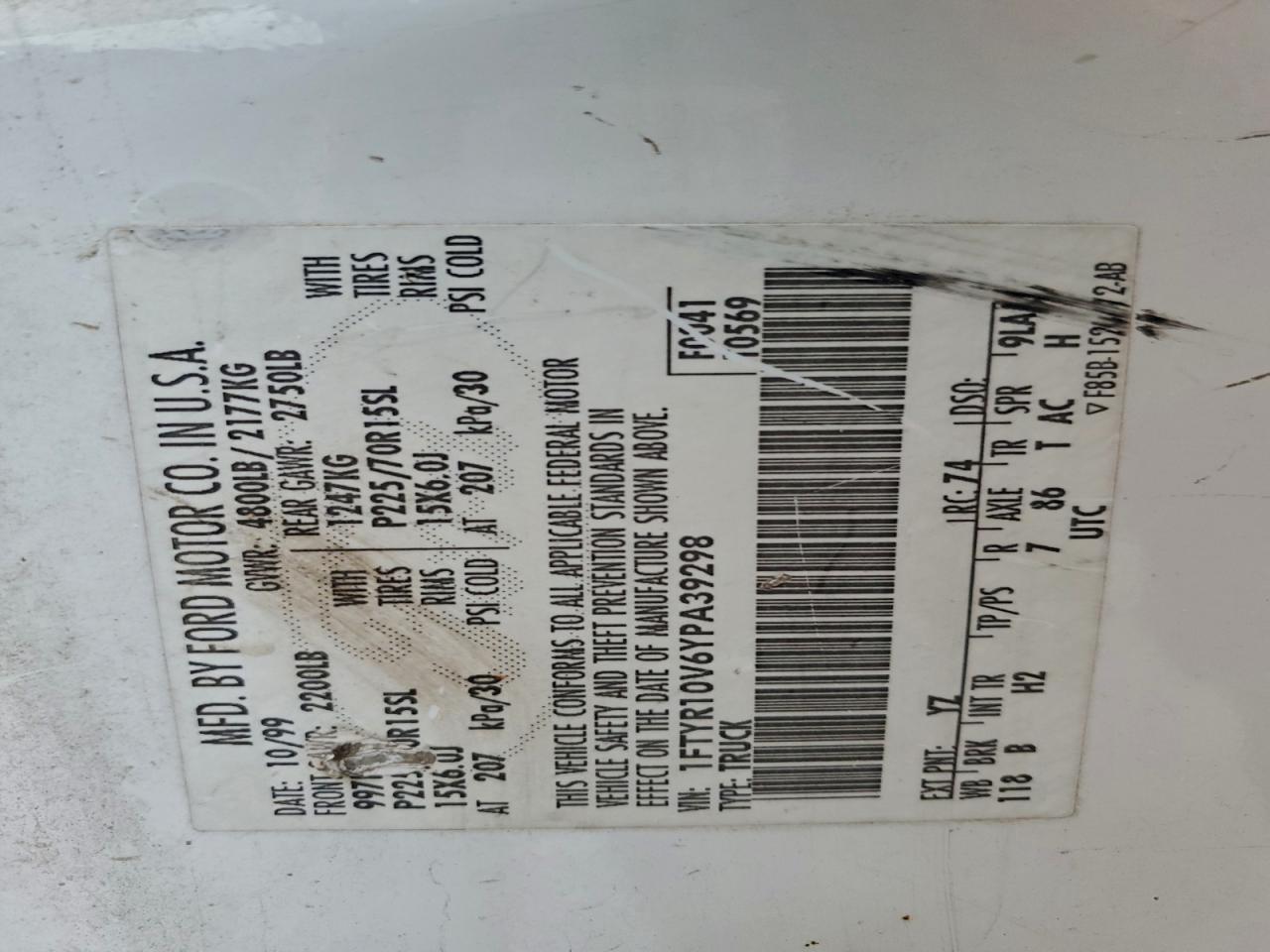 2000 Ford Ranger VIN: 1FTYR10V6YPA39298 Lot: 94642795