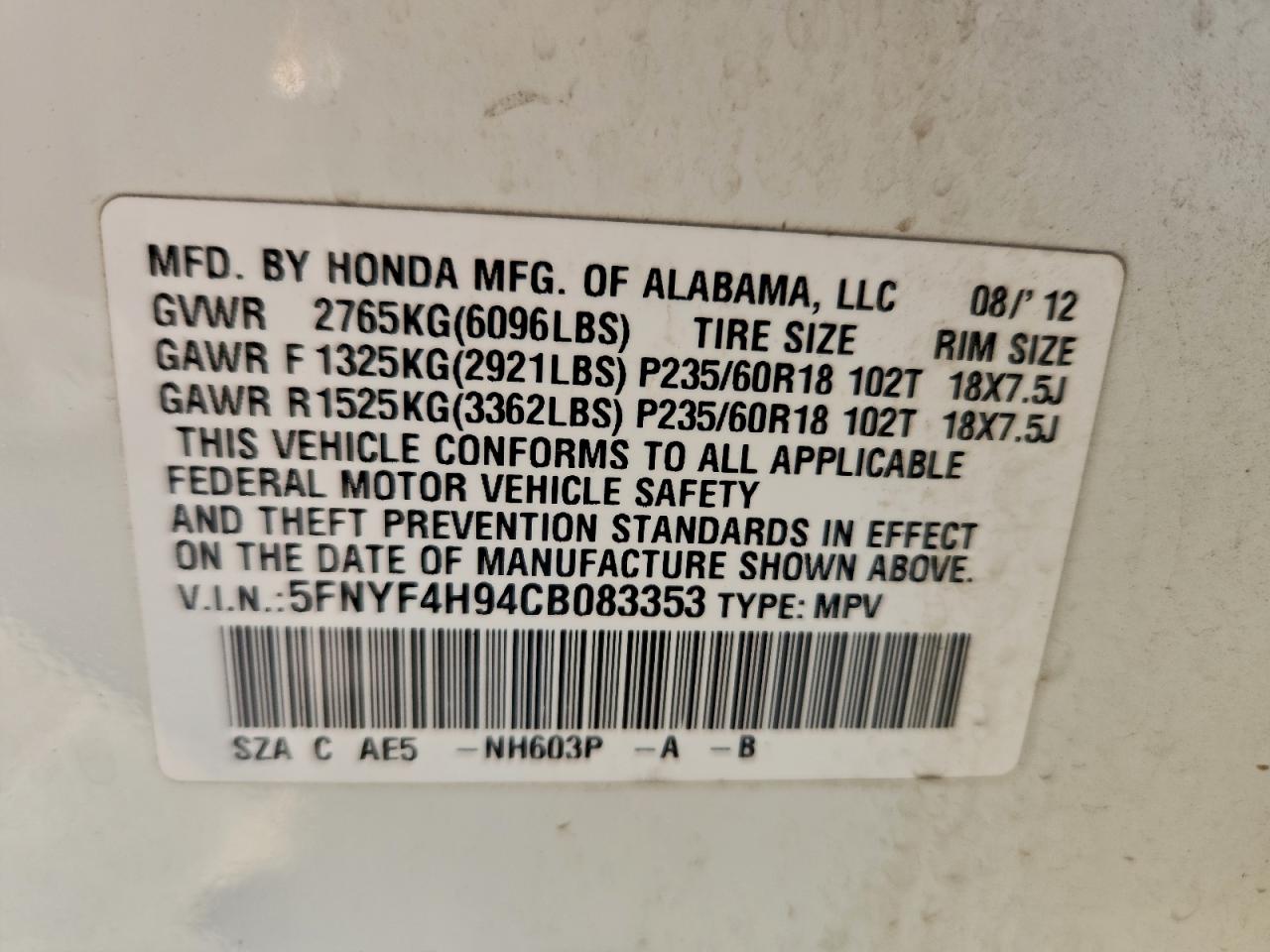 2012 Honda Pilot Touring VIN: 5FNYF4H94CB083353 Lot: 96144605