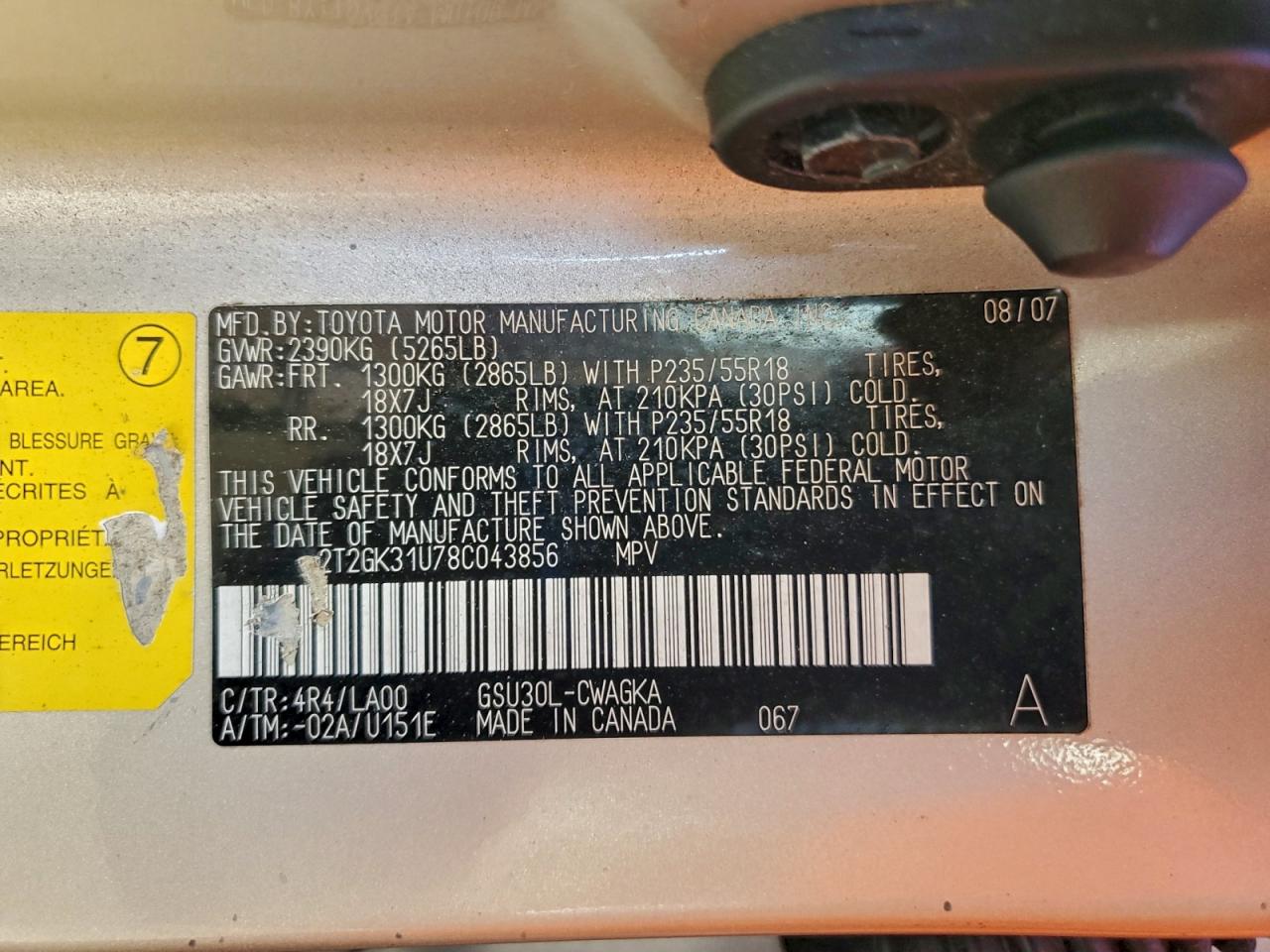 2008 Lexus Rx 350 VIN: 2T2GK31U78C043856 Lot: 95422125