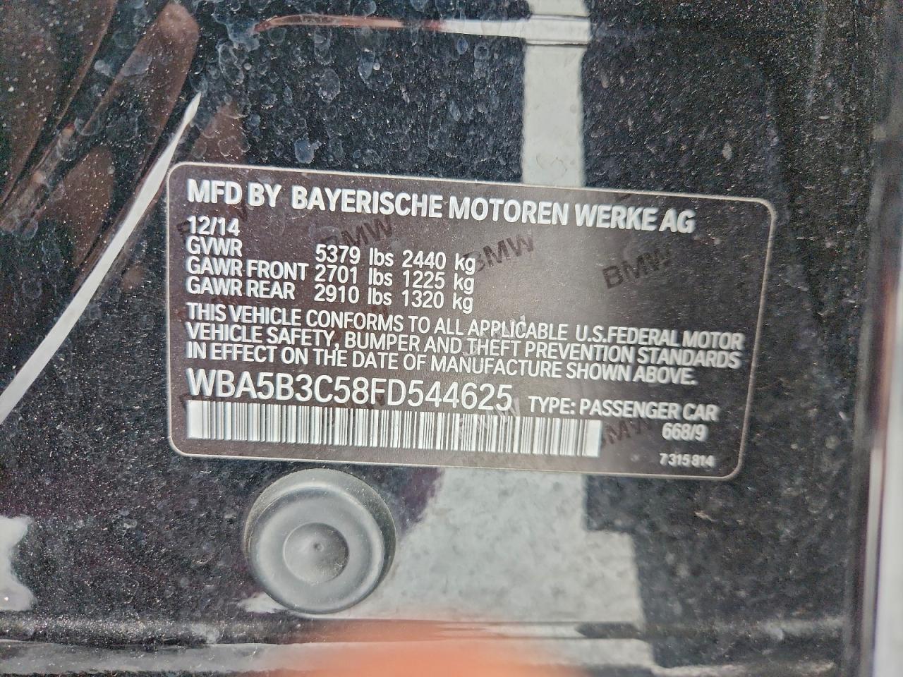 2015 BMW 535 Xi VIN: WBA5B3C58FD544625 Lot: 94315305