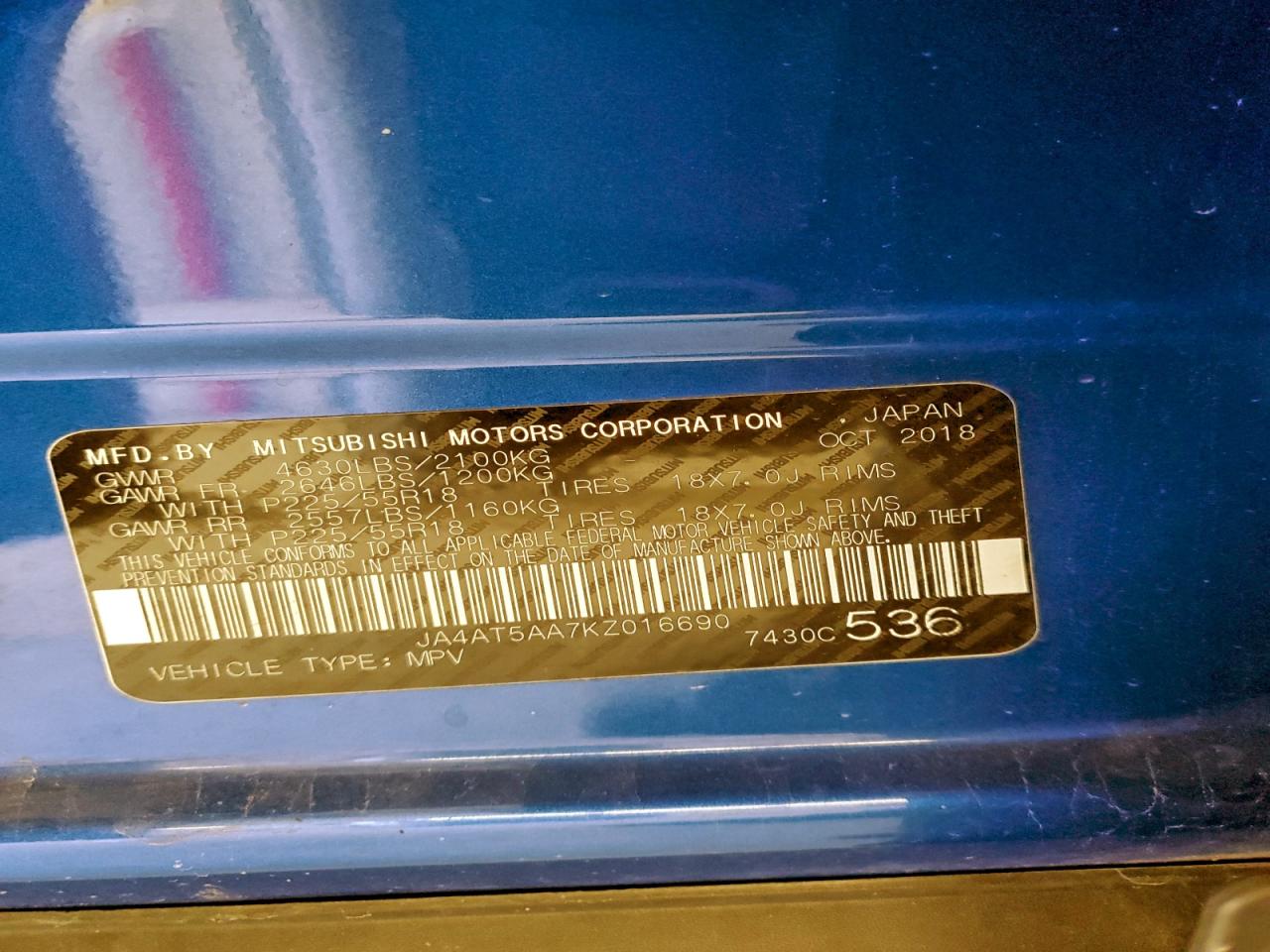 2019 Mitsubishi Eclipse Cross Se VIN: JA4AT5AA7KZ016690 Lot: 96702525