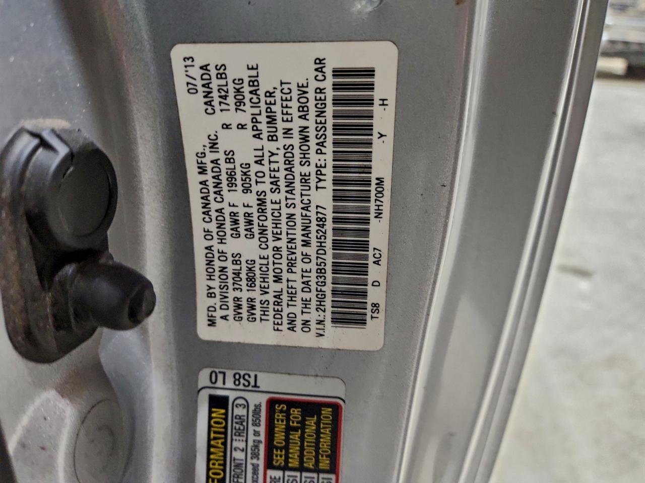 2013 Honda Civic Lx VIN: 2HGFG3B57DH524877 Lot: 94393905