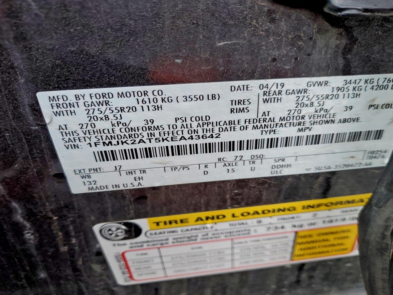 2019 Ford Expedition Max Limited VIN: 1FMJK2AT5KEA43642 Lot: 95967615