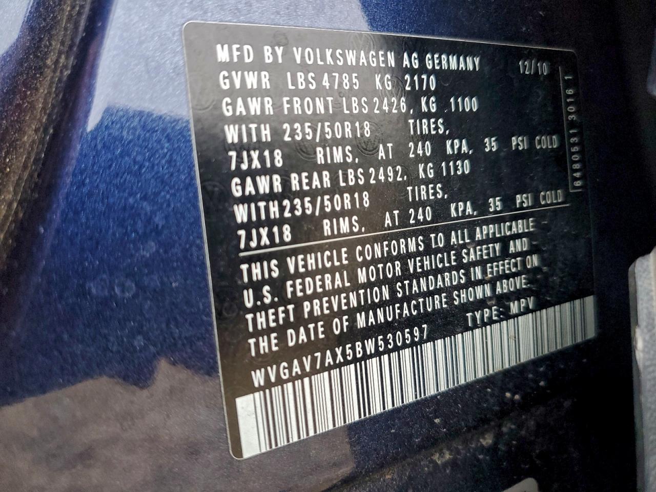 2011 Volkswagen Tiguan S VIN: WVGAV7AX5BW530597 Lot: 95393715