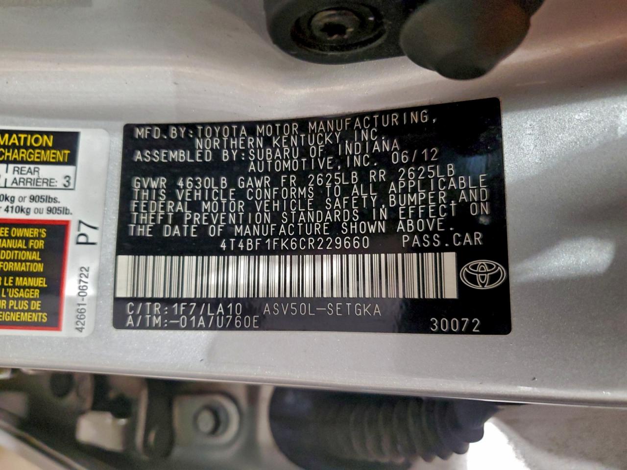 2012 Toyota Camry Base VIN: 4T4BF1FK6CR229660 Lot: 96277375