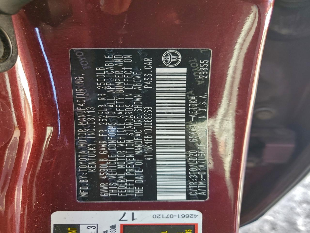 2013 Toyota Avalon Base VIN: 4T1BK1EB1DU068269 Lot: 96919305