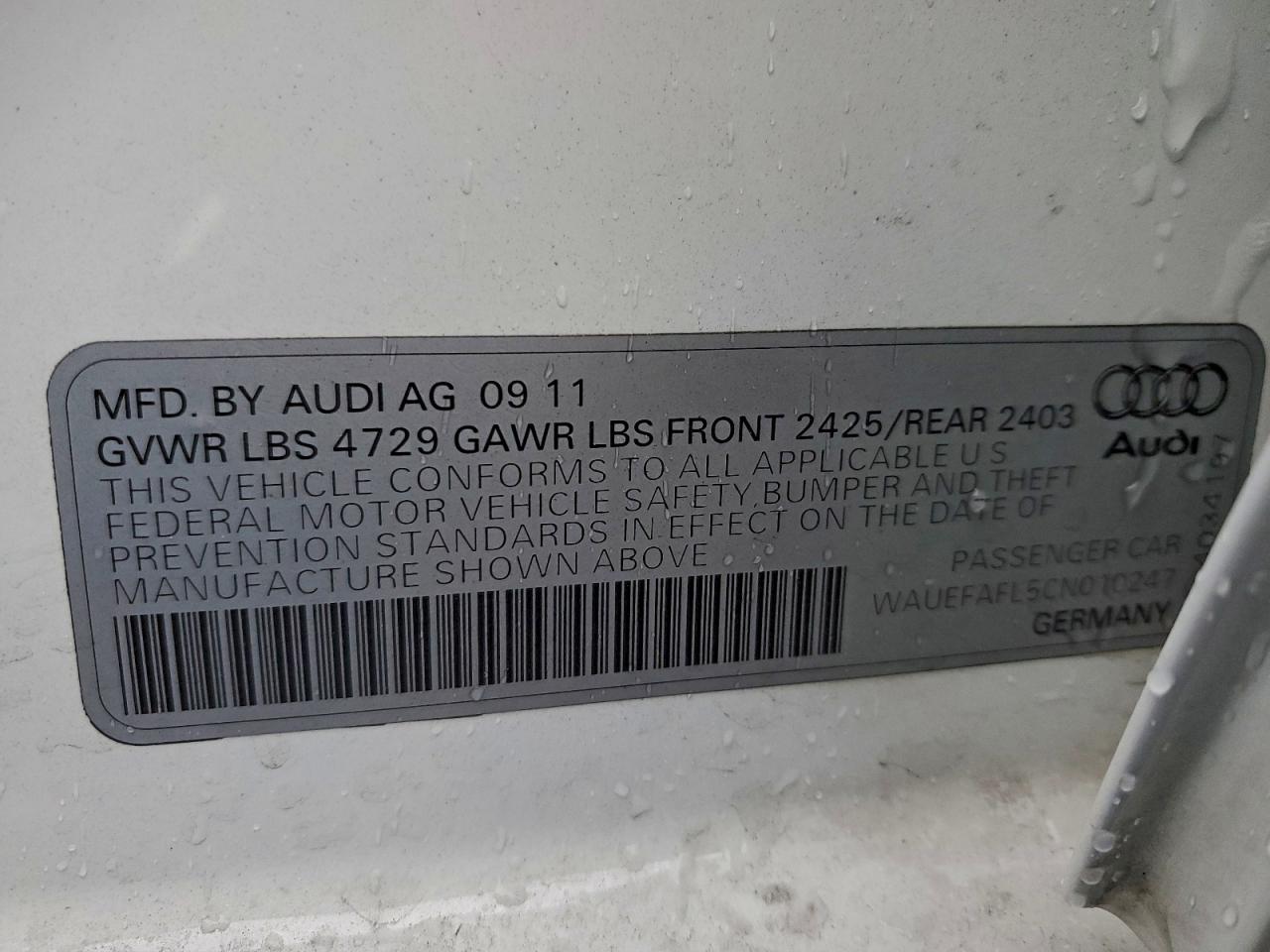 2012 Audi A4 Premium Plus VIN: WAUEFAFL5CN010247 Lot: 94724465