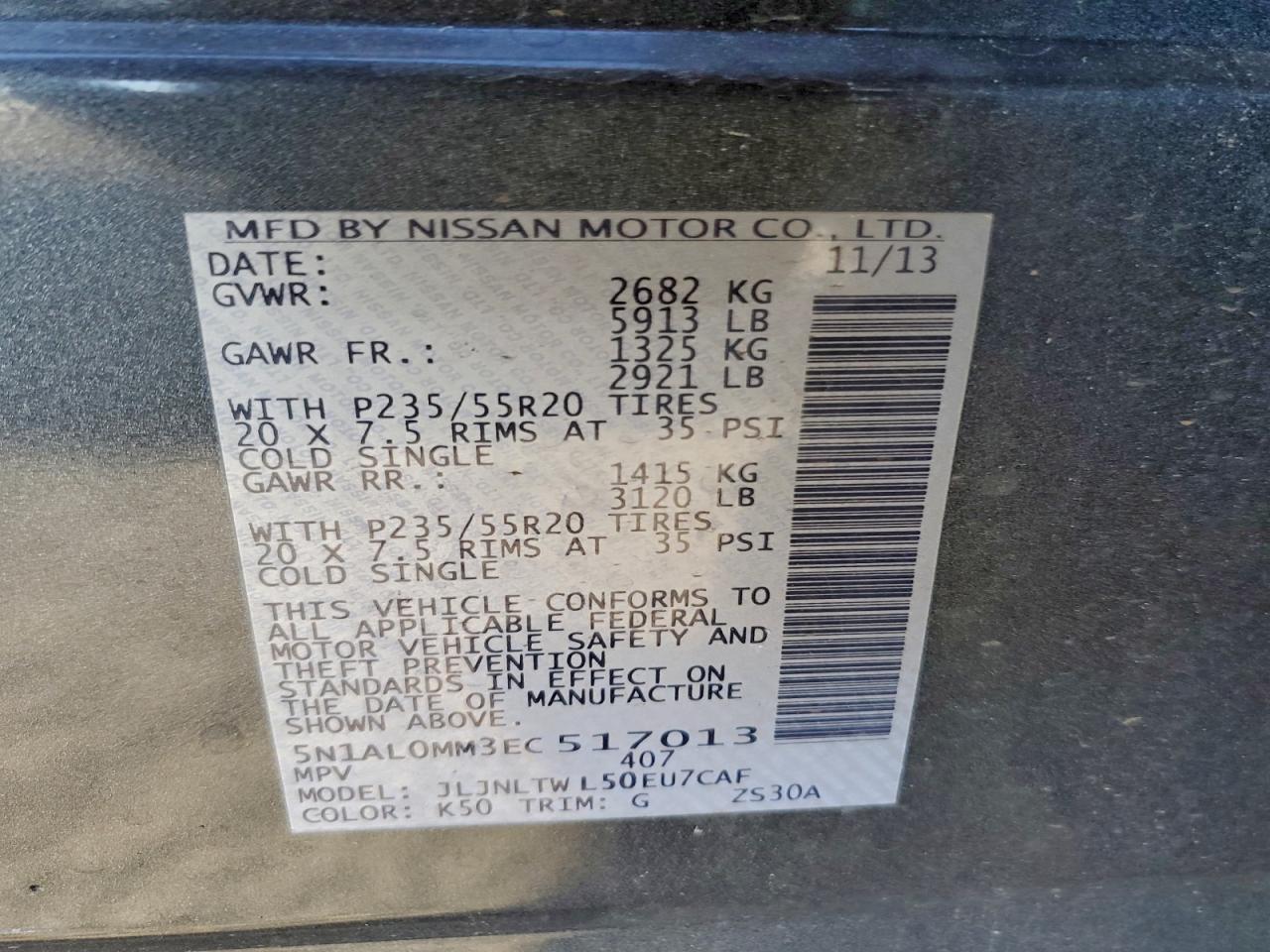 2014 Infiniti Qx60 VIN: 5N1AL0MM3EC517013 Lot: 96535575