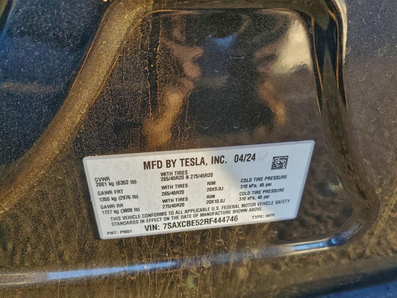 2024 Tesla Model X VIN: 7SAXCBE52RF444746 Lot: 94636865