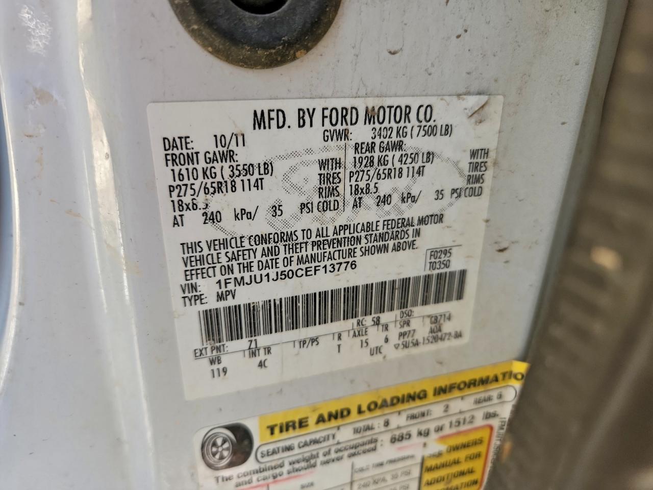 2012 Ford Expedition Xlt VIN: 1FMJU1J50CEF13776 Lot: 95071155