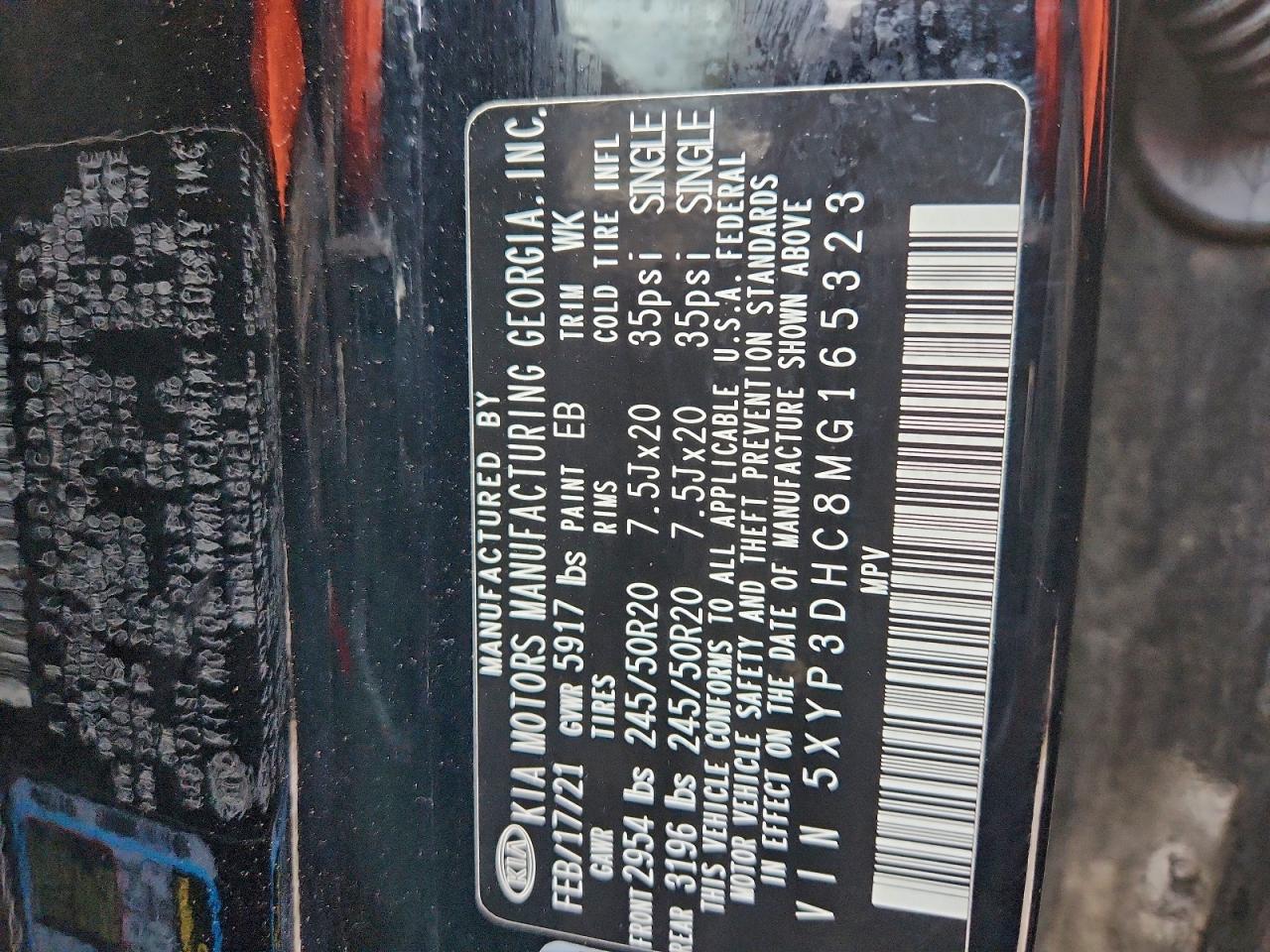 2021 Kia Telluride Ex VIN: 5XYP3DHC8MG165323 Lot: 94061495