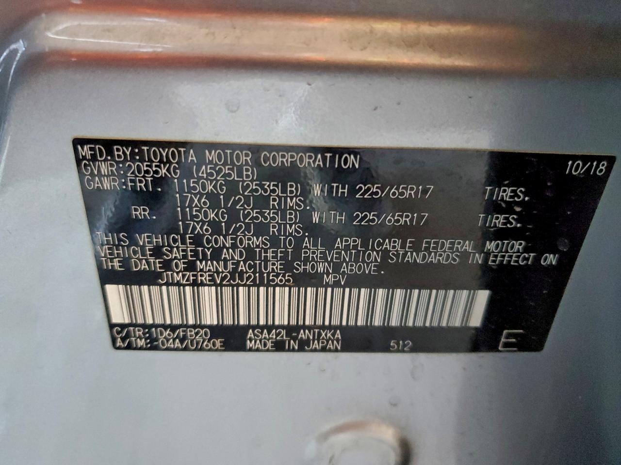 2018 Toyota Rav4 Le VIN: JTMZFREV2JJ211565 Lot: 95892845