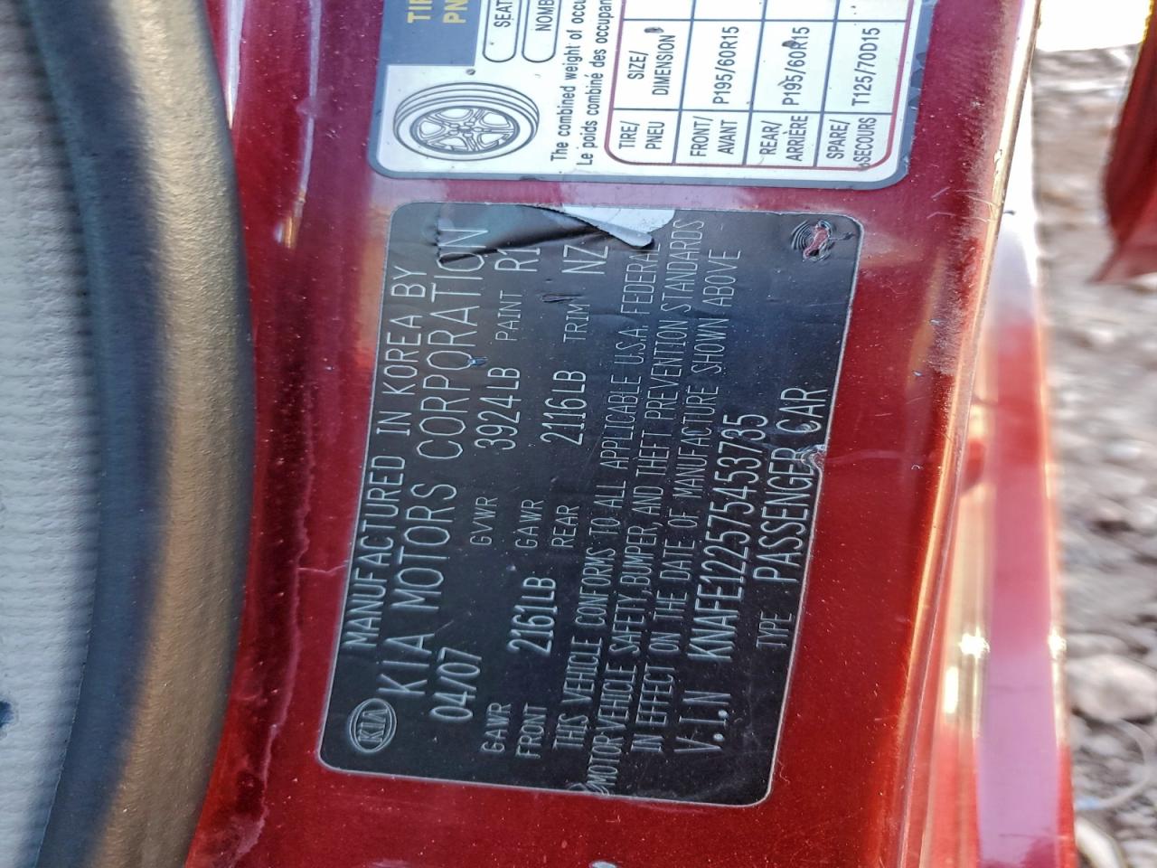 2007 Kia Spectra Ex VIN: KNAFE122575453735 Lot: 96753915