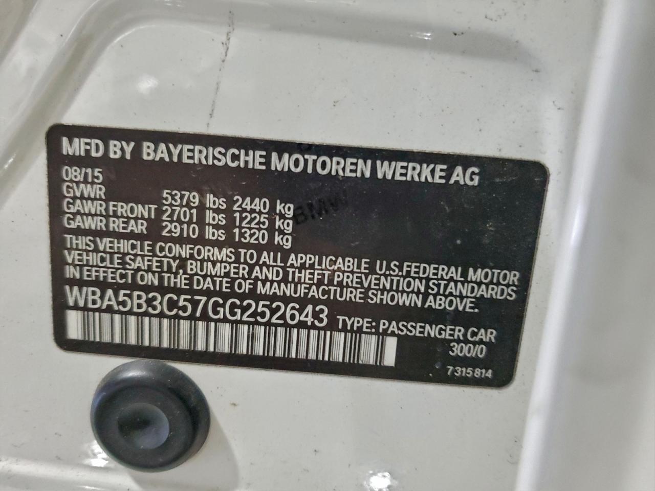 2016 BMW 535 Xi VIN: WBA5B3C57GG252643 Lot: 95292595