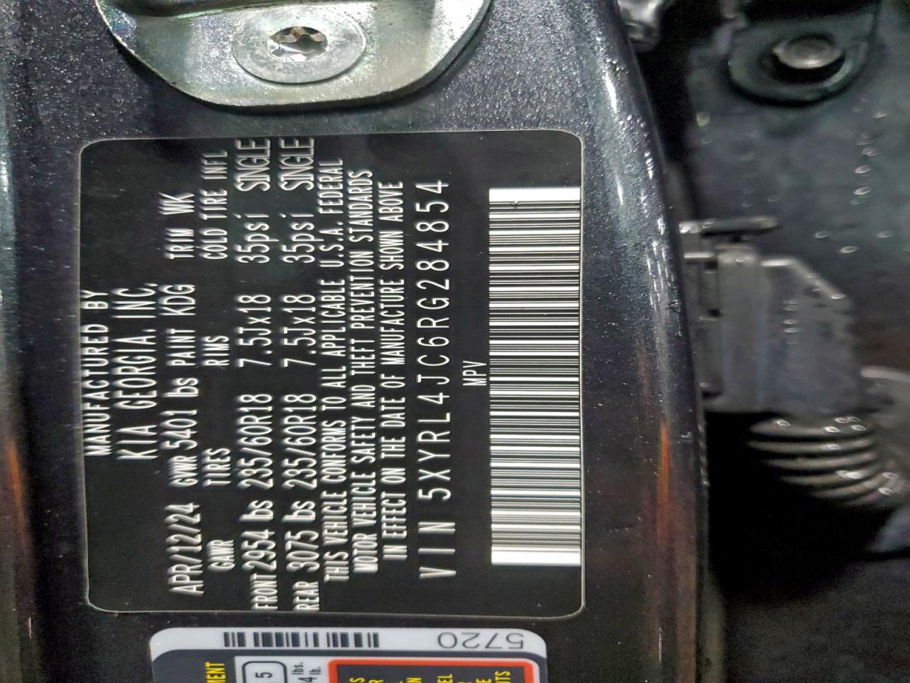 2024 Kia Sorento S VIN: 5XYRL4JC6RG284854 Lot: 95764675