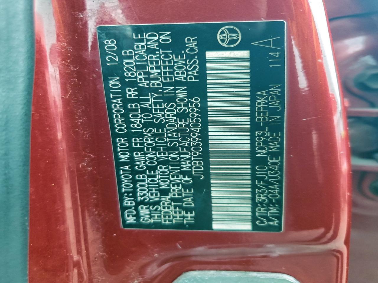 2009 Toyota Yaris VIN: JTDBT903994059956 Lot: 96231585