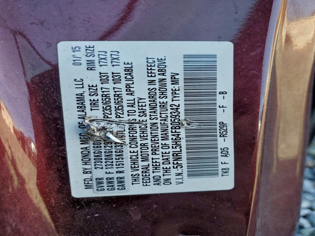 2015 Honda Odyssey Exl VIN: 5FNRL5H64FB059342 Lot: 95246915