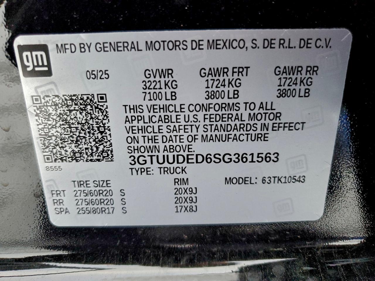 2025 GMC Sierra K1500 Slt VIN: 3GTUUDED6SG361563 Lot: 95220965