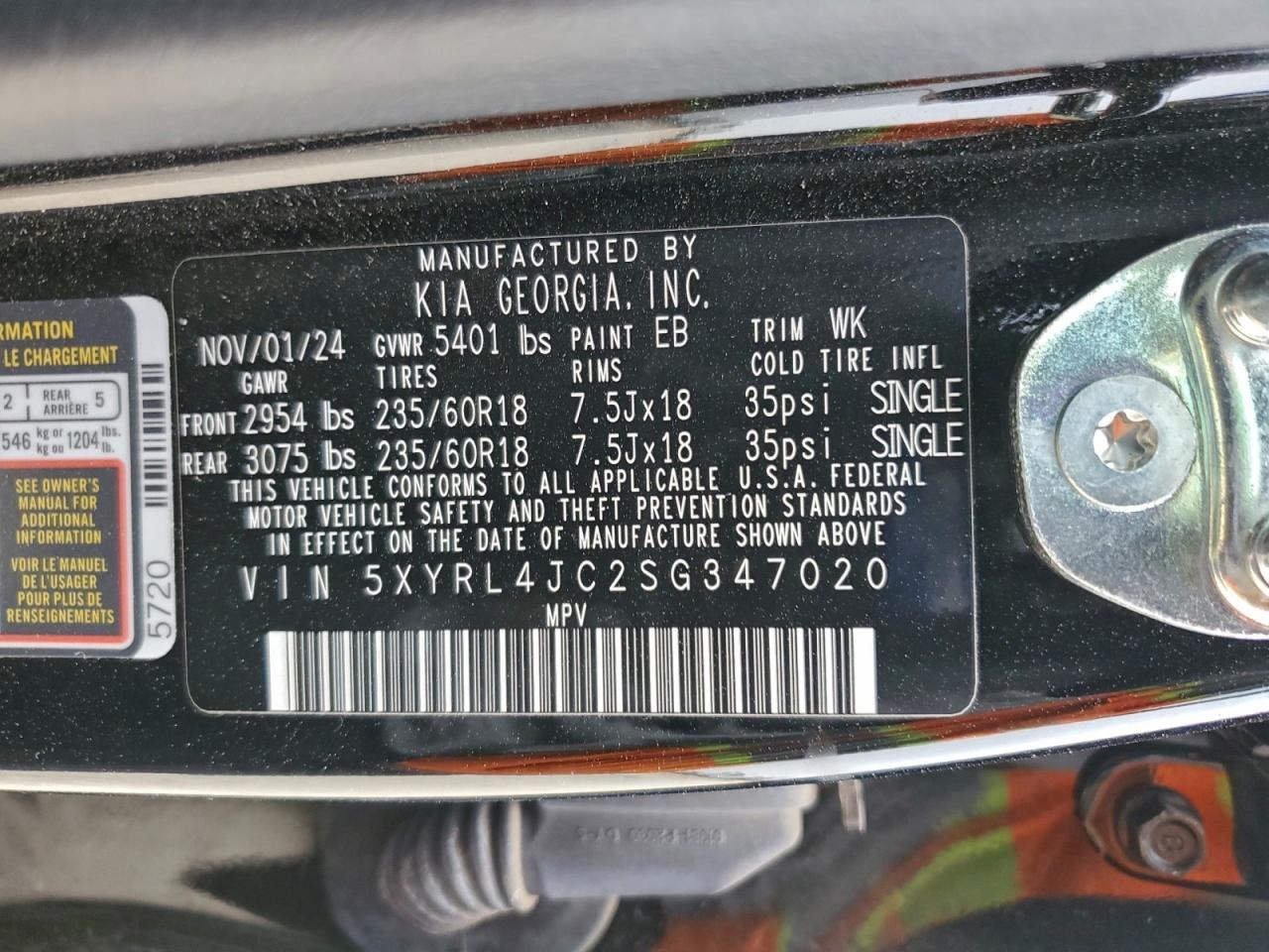 2025 Kia Sorento S VIN: 5XYRL4JC2SG347020 Lot: 94997065