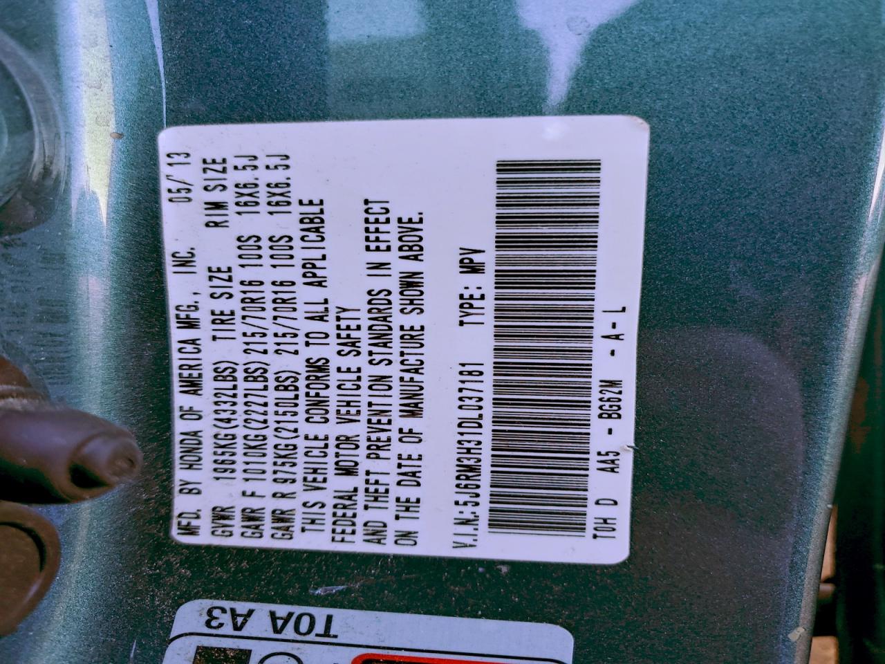 2013 Honda Cr-V Lx VIN: 5J6RM3H31DL037181 Lot: 96336935