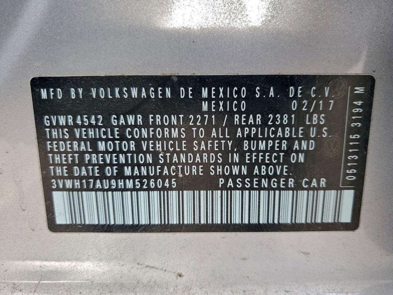 2017 Volkswagen Golf Alltrack S VIN: 3VWH17AU9HM526045 Lot: 95293575