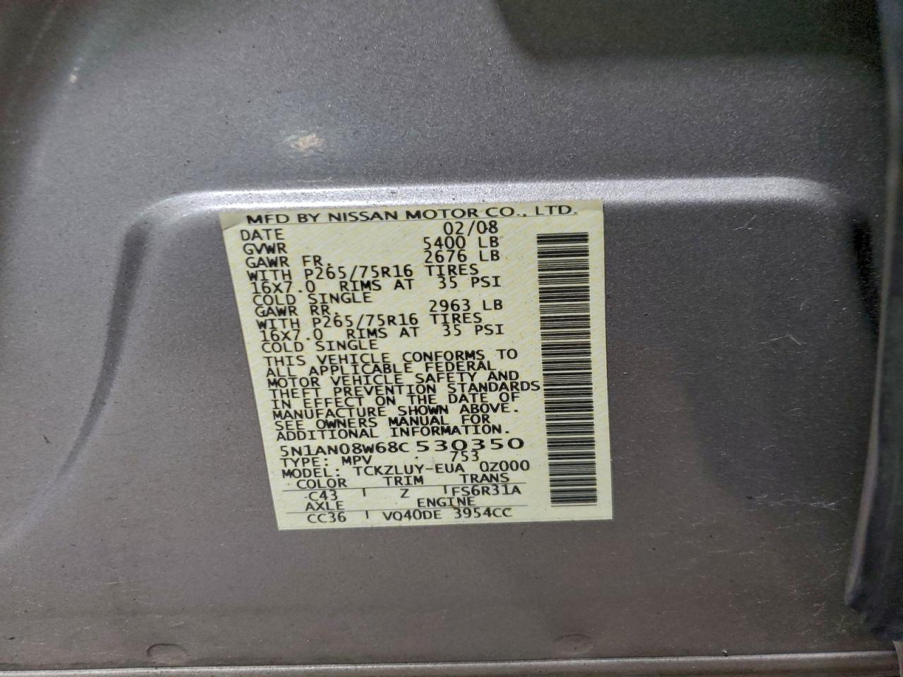 2008 Nissan Xterra Off Road VIN: 5N1AN08W68C530350 Lot: 96212485