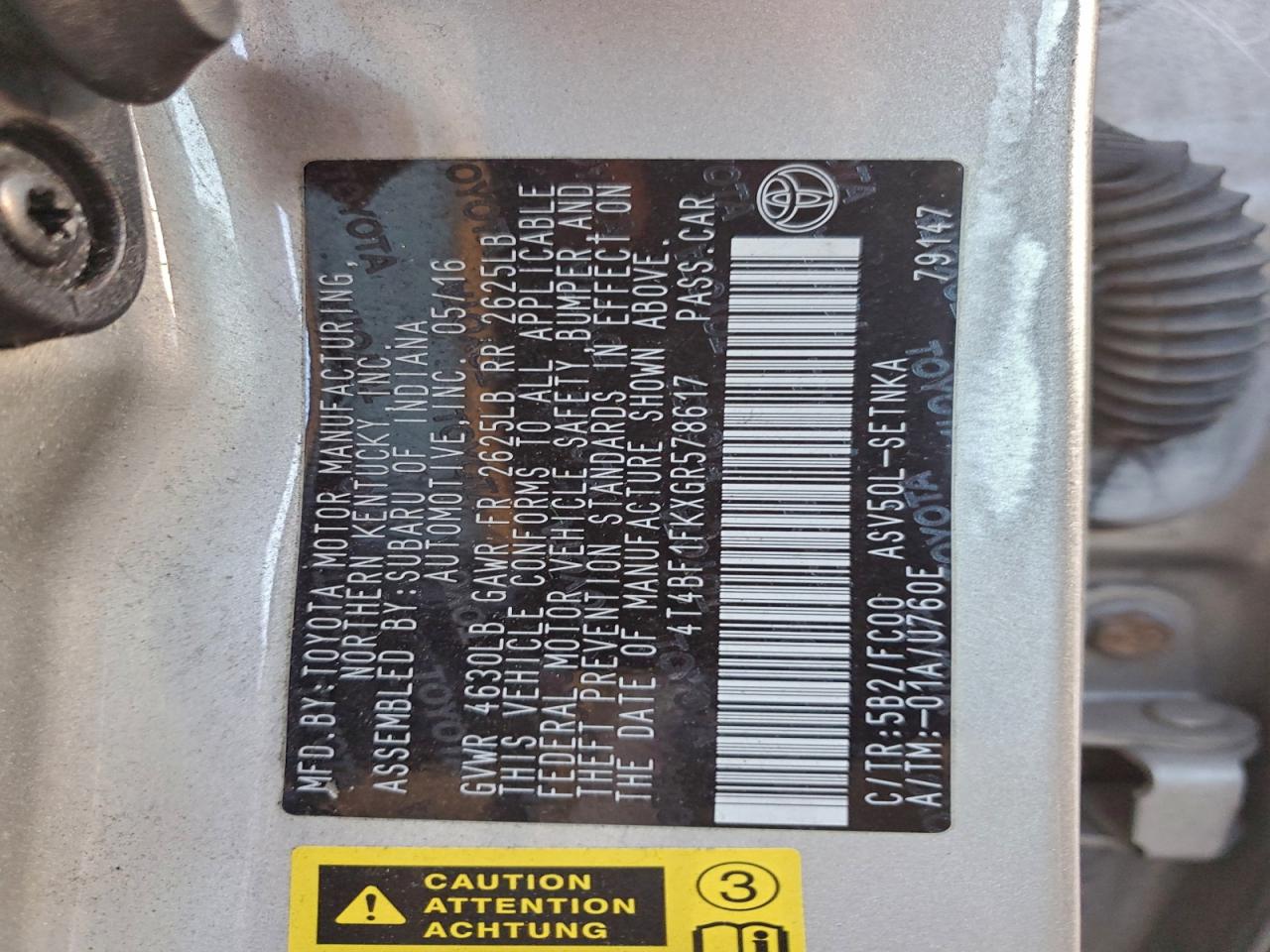 2016 Toyota Camry Le VIN: 4T4BF1FKXGR578617 Lot: 95500195