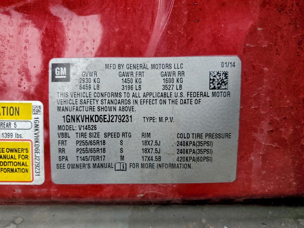 2014 Chevrolet Traverse Lt VIN: 1GNKVHKD6EJ279231 Lot: 96611475