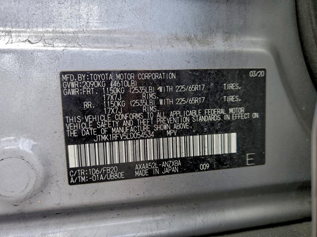 2020 Toyota Rav4 Le VIN: JTMK1RFV5LD054534 Lot: 95149935