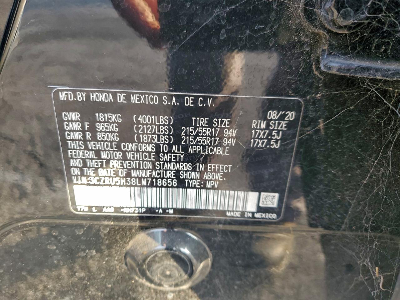 2020 Honda Hr-V Lx VIN: 3CZRU5H38LM718656 Lot: 95026105