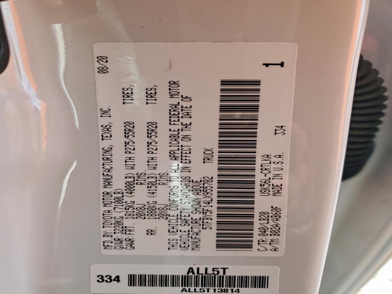 2020 Toyota Tundra Double Cab Limited VIN: 5TFBY5F14LX955782 Lot: 94862445