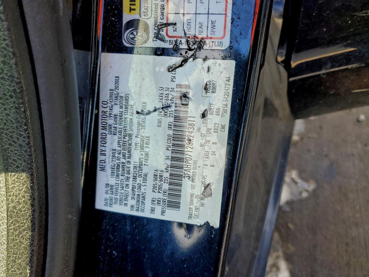 2008 Ford Fusion Se VIN: 3FAHP07128R243811 Lot: 95024405