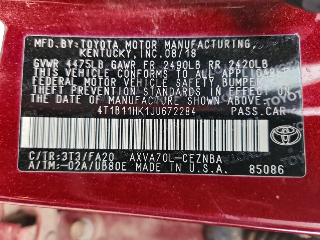 2018 Toyota Camry L VIN: 4T1B11HK1JU672284 Lot: 93997705