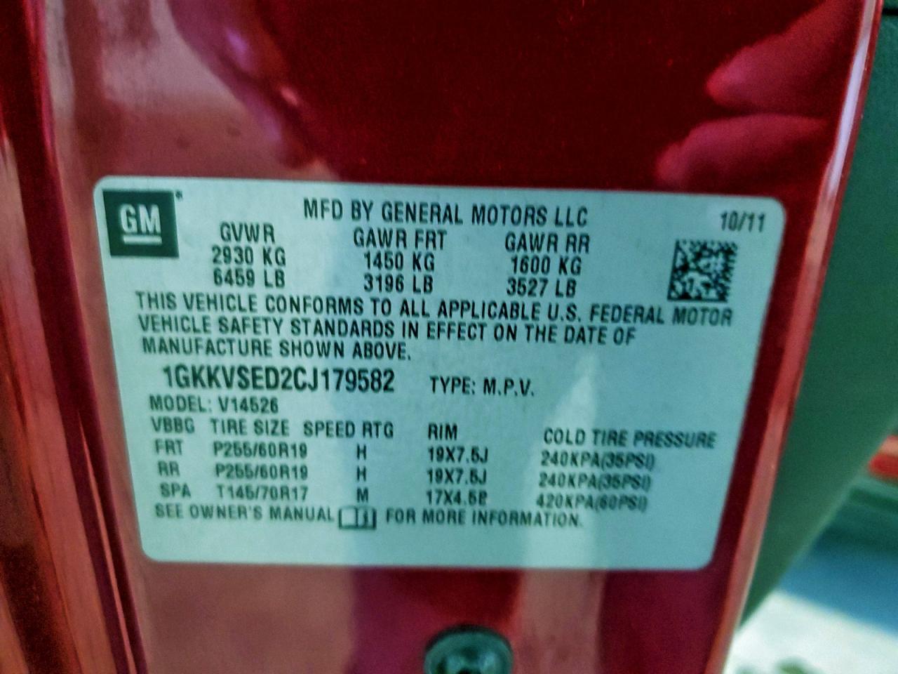 2012 GMC Acadia Slt-2 VIN: 1GKKVSED2CJ179582 Lot: 94065065