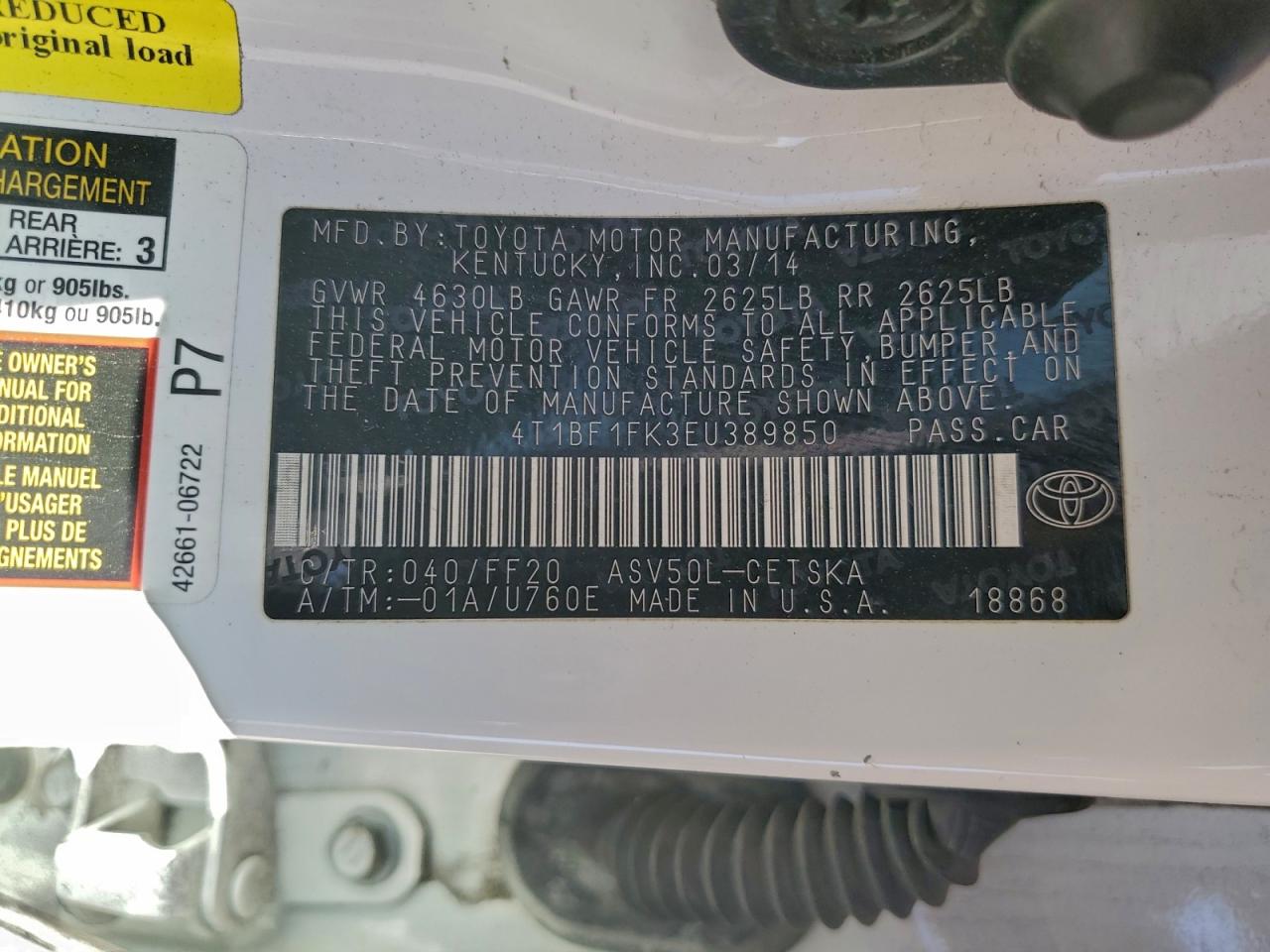 2014 Toyota Camry L VIN: 4T1BF1FK3EU389850 Lot: 96147575