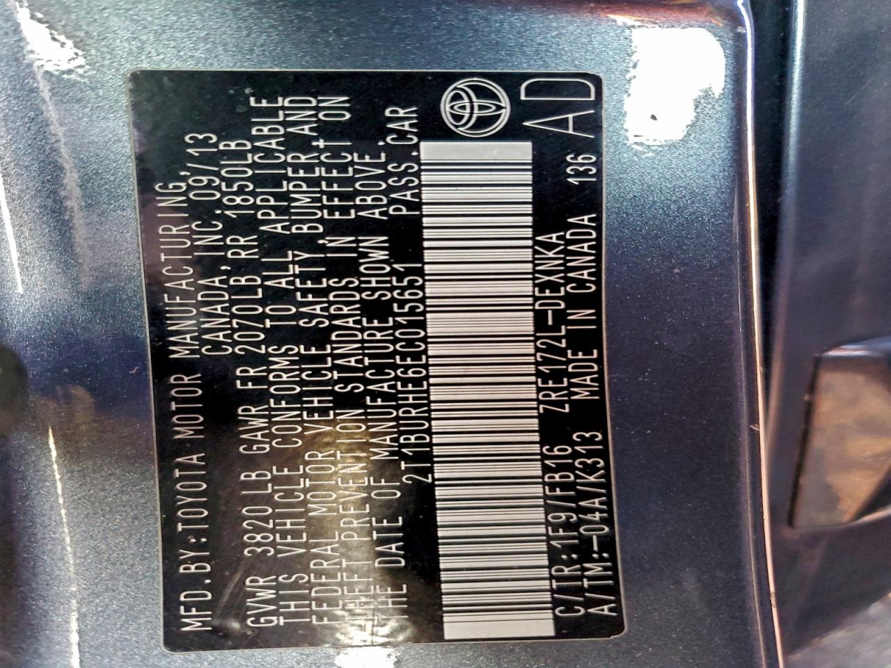 2014 Toyota Corolla L VIN: 2T1BURHE6EC015651 Lot: 94796605