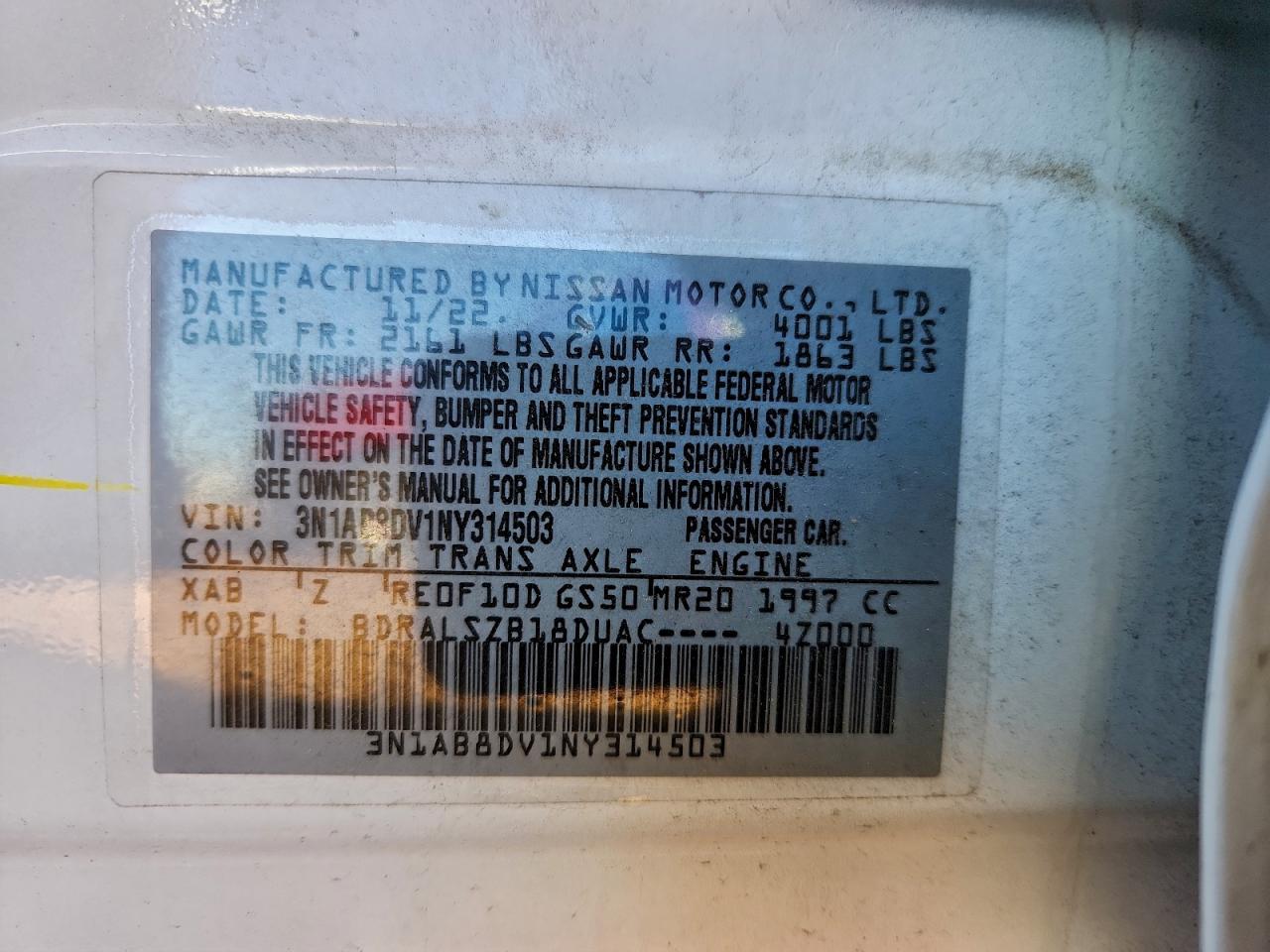 2022 Nissan Sentra Sr VIN: 3N1AB8DV1NY314503 Lot: 96475315