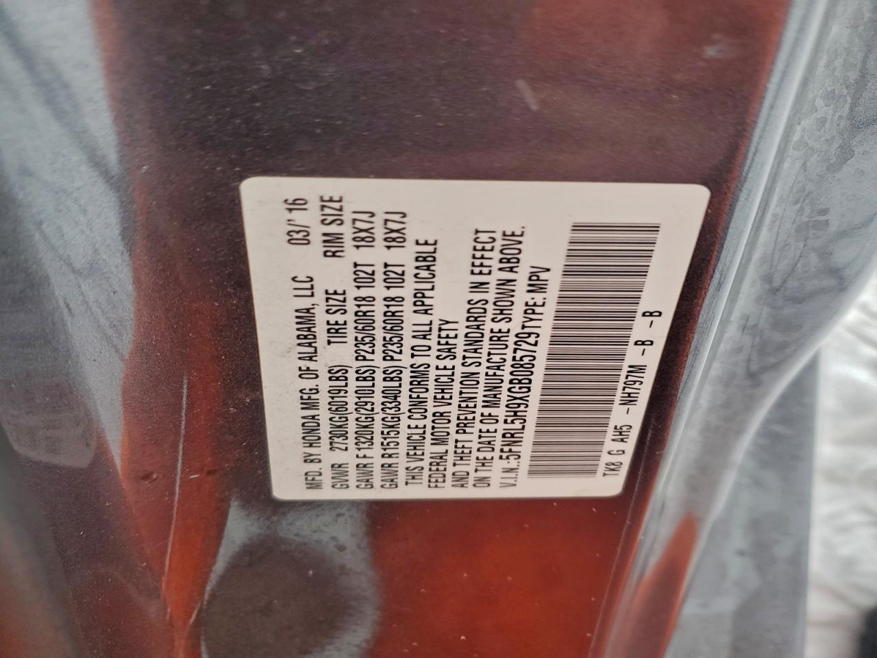 2016 Honda Odyssey Touring VIN: 5FNRL5H9XGB085729 Lot: 94972515