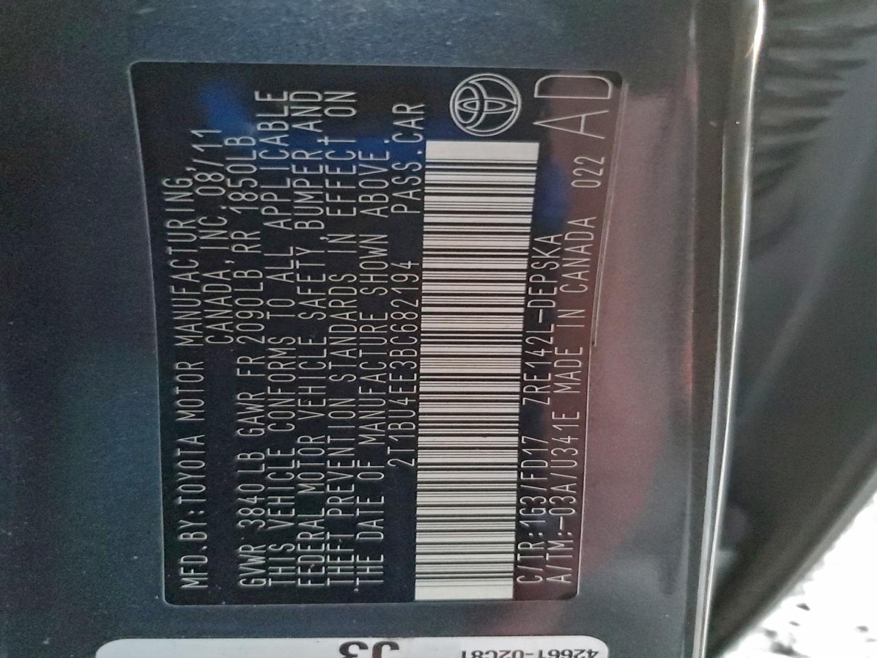 2011 Toyota Corolla Base VIN: 2T1BU4EE3BC682194 Lot: 96498835