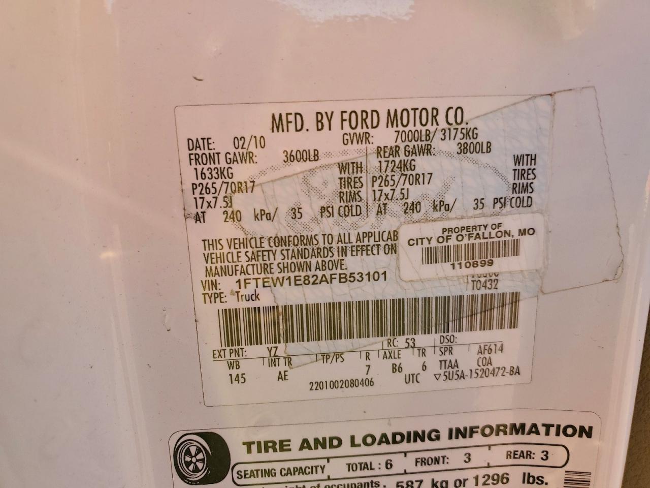 2010 Ford F150 Supercrew VIN: 1FTEW1E82AFB53101 Lot: 96905575