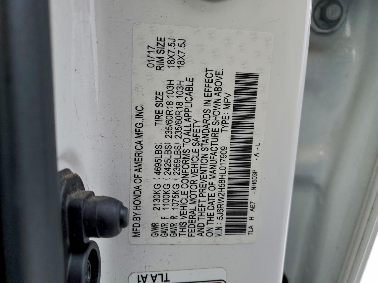 2017 Honda Cr-V Ex VIN: 5J6RW2H58HL017909 Lot: 97005695