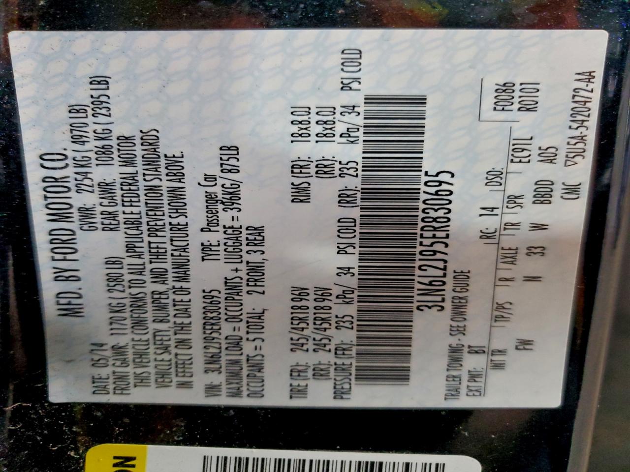 2014 Lincoln Mkz VIN: 3LN6L2J95ER830695 Lot: 95883875