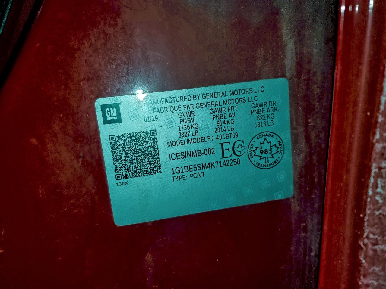 2019 Chevrolet Cruze Lt VIN: 1G1BE5SM4K7142250 Lot: 97104305