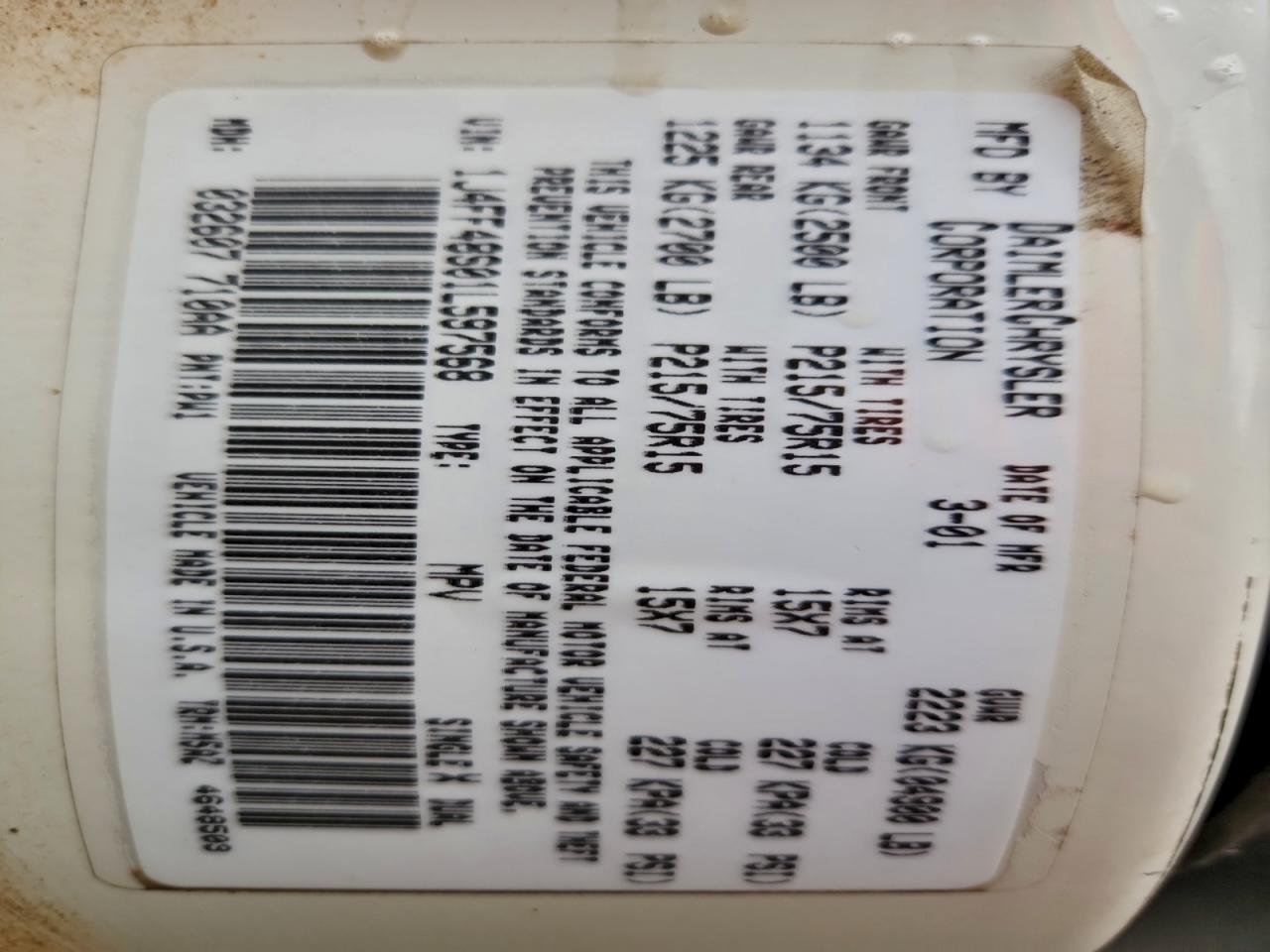 2001 Jeep Cherokee Sport VIN: 1J4FF48S01L597568 Lot: 95472095