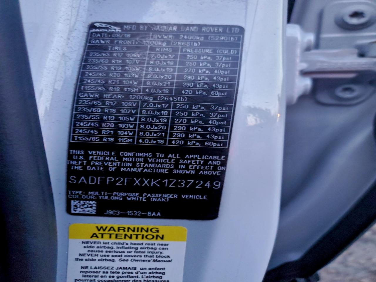 2019 Jaguar E-Pace Se VIN: SADFP2FXXK1Z37249 Lot: 94062115