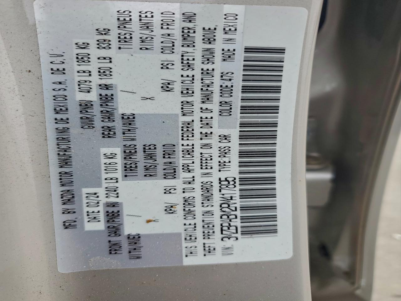 2024 Mazda 3 Select Sport VIN: 3MZBPABM2RM417895 Lot: 92764005