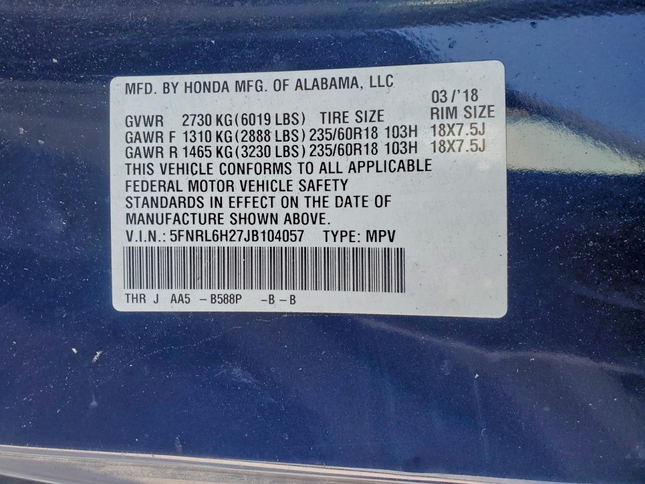 2018 Honda Odyssey Lx VIN: 5FNRL6H27JB104057 Lot: 94986605