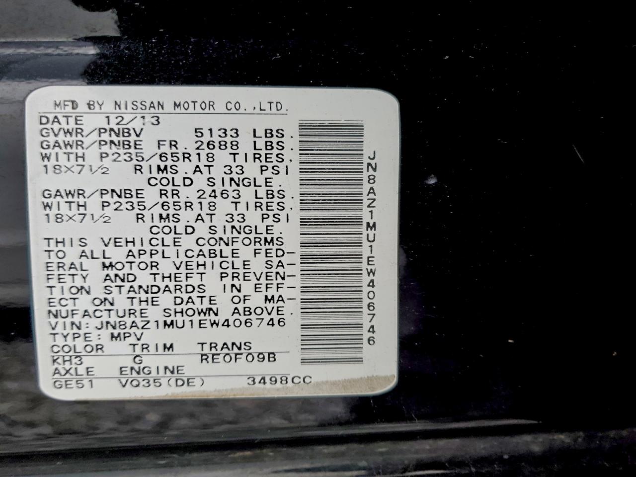 2014 Nissan Murano S VIN: JN8AZ1MU1EW406746 Lot: 94895465